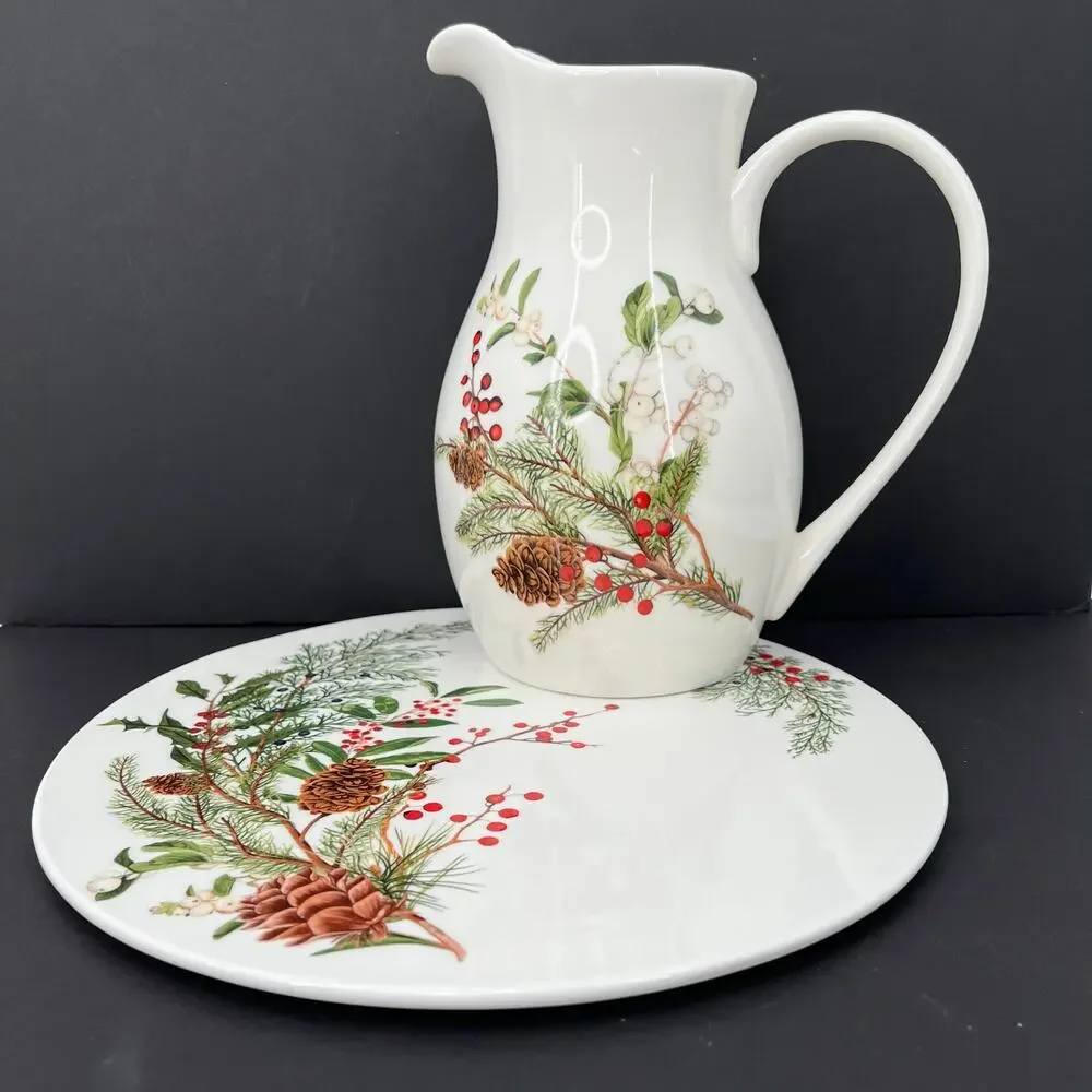 Williams Sonoma Woodland Berry Pinecone cake quiche serving plate and wall art